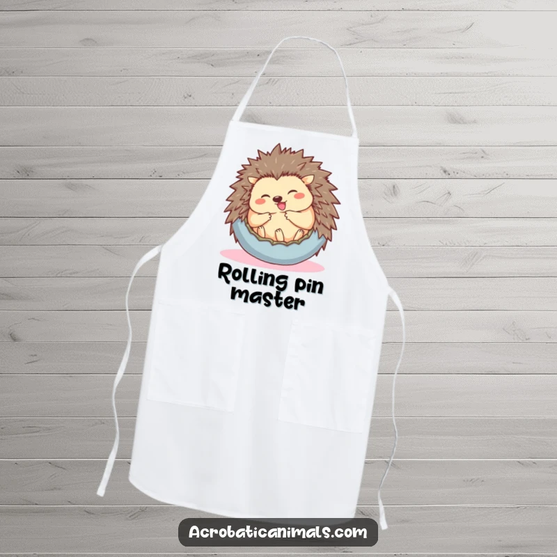 Funny apron with a giggling hedgehog rolling into a ball, adding humor and charm to kitchen activities.