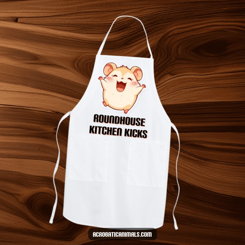 Funny Hamster Apron: A round hamster character somersaults with a smile, bringing fun to kitchen wear.