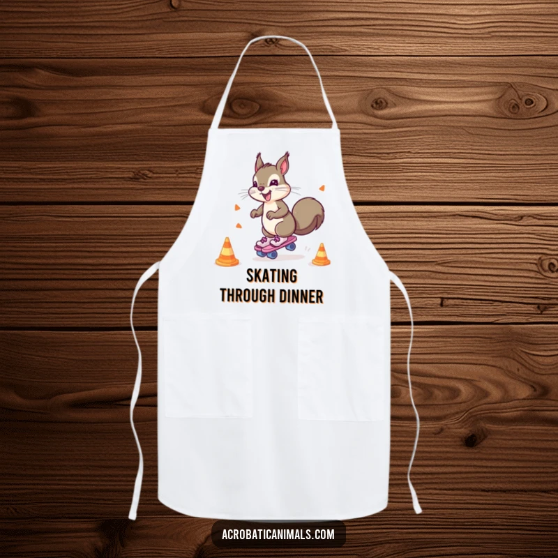 Funny apron featuring a hyperactive squirrel on roller skates, zipping around cones, ready to tackle any culinary challenge.