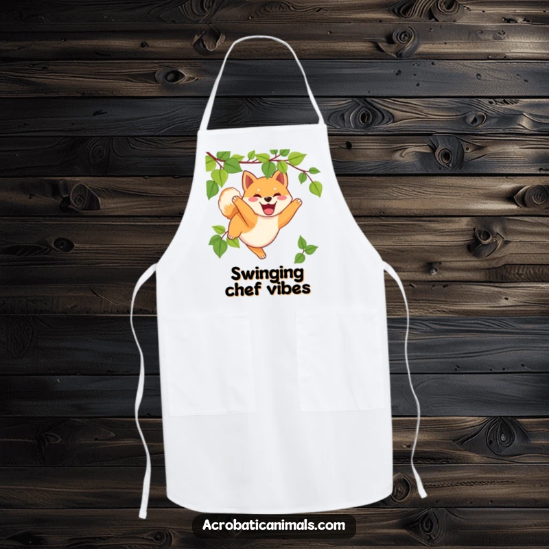 Funny Shiba Inu apron showing a happy puppy swinging from a vine, great for kitchen fun, a unique funny gift.