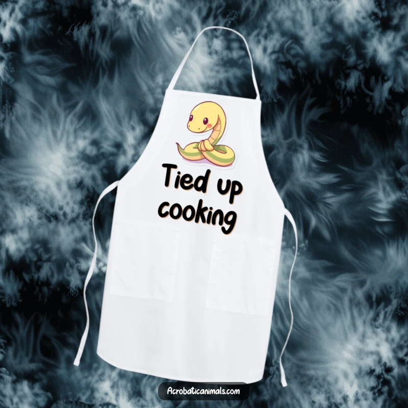 Funny apron design with a snake tied into a playful knot, adding humor and flexibility to cooking tasks.