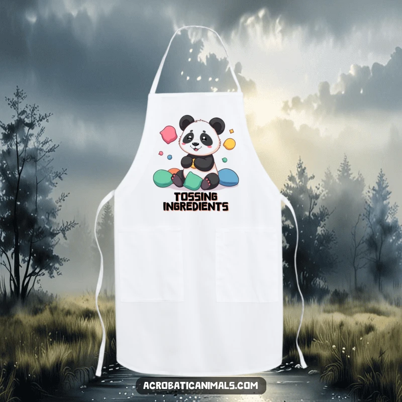 Funny apron showing a playful panda skillfully juggling beanbags, making meal preparation a delightful and humorous activity.
