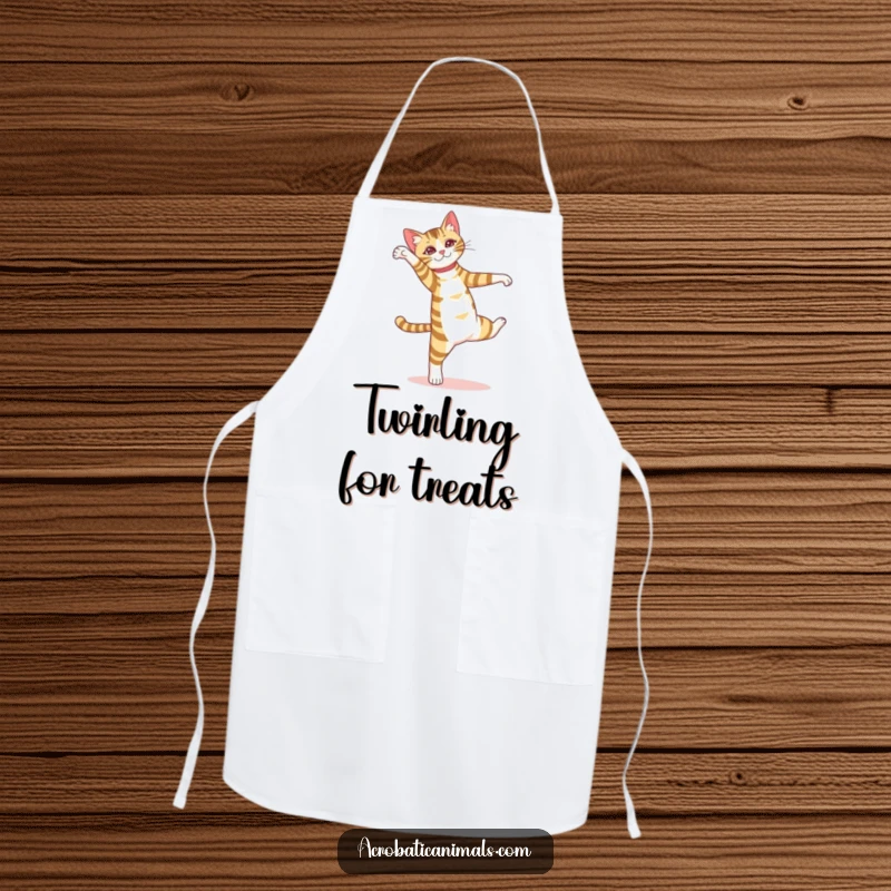 Funny apron featuring a striped cat performing a pirouette, making kitchen tasks a graceful and humorous performance.