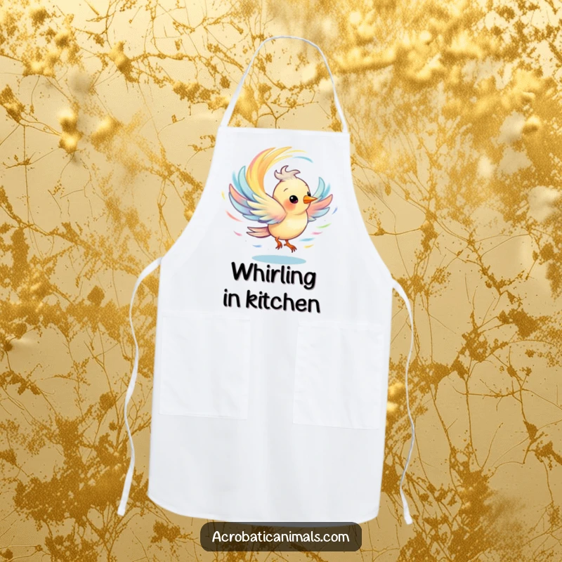 Funny apron design with a bird spinning to create a colorful whirlwind, adding humor to any kitchen task.