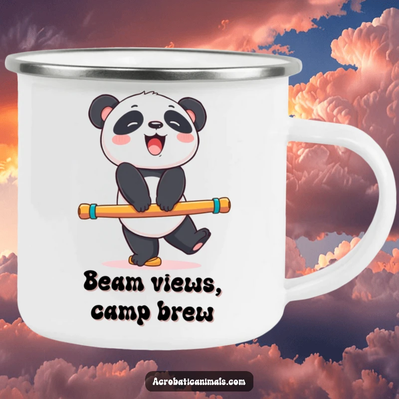 Funny panda bear camping mug showing a giggling bear balancing on a colorful exercise beam, perfect for outdoor use, a durable funny gift.