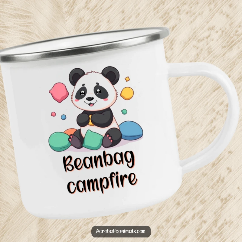 Funny camping mug with a playful panda juggling beanbags, perfect for sipping beverages during outdoor excursions.