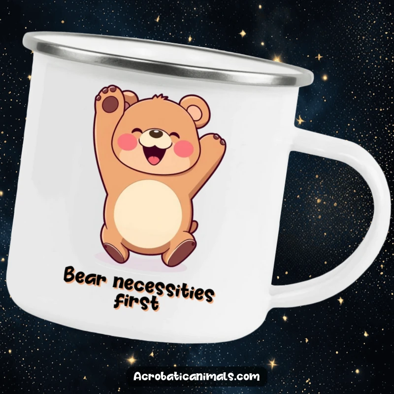 Funny Bear Somersault Camping Mug: A durable enamel mug with a happy bear somersaulting with a wide smile, ideal for outdoor fun.