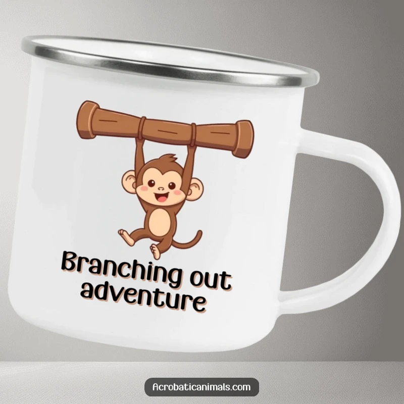 Funny monkey swinging camping mug, showing a mischievous monkey swinging from a bar. Durable and humorous for outdoor adventurers.