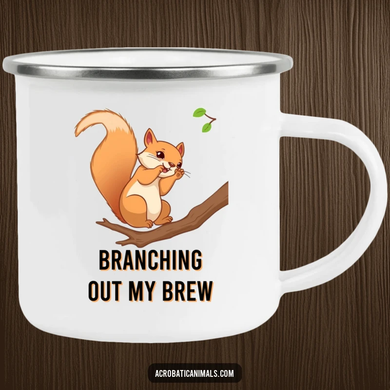 Funny squirrel camping mug featuring a curious squirrel doing a somersault on a branch, designed for outdoor enthusiasts.