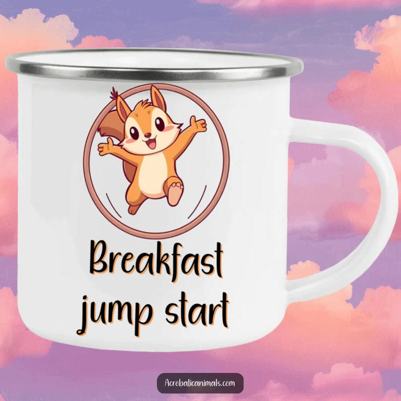 Funny camping mug featuring a determined squirrel leaping through a hoop, designed for adventure and a touch of ambitious humor. Perfect gift.