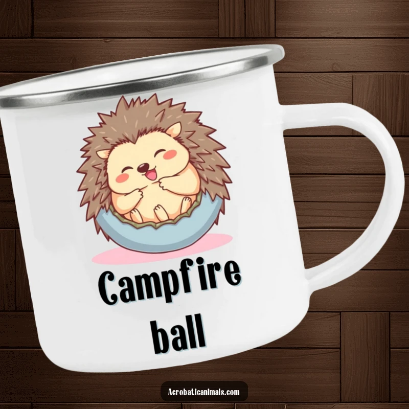 Funny camping mug with a giggling hedgehog rolling into a ball, perfect for enjoying beverages in the great outdoors.