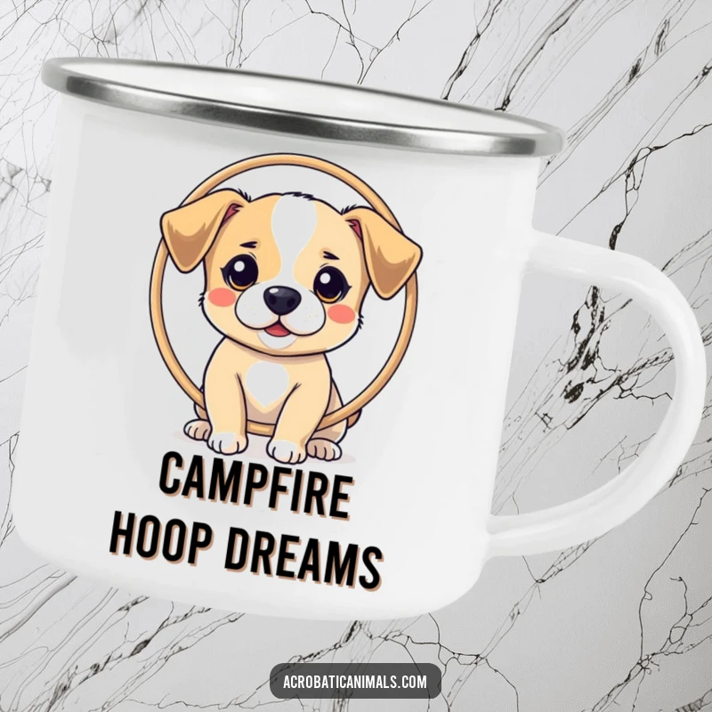 Funny camping mug with a small dog balancing a hoop on its nose, ideal for enjoying beverages during outdoor expeditions.
