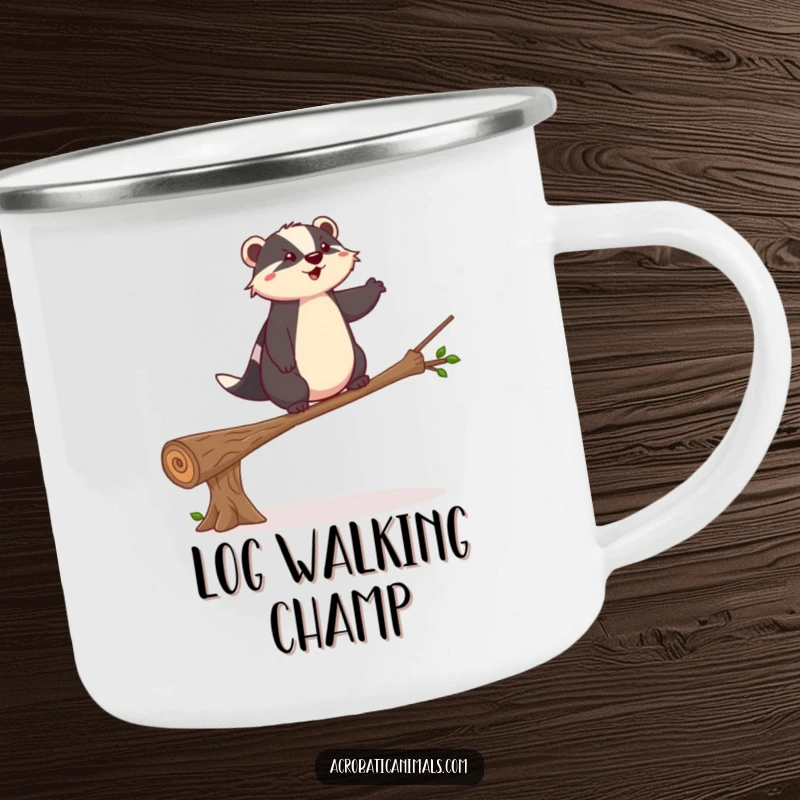 Funny badger camping mug showing a balance act, perfect for outdoor adventures and a humorous funny gift.