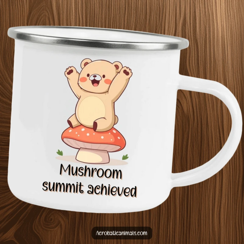 Funny bear camping mug showing a chubby cub doing a handstand on a mushroom, perfect for enjoying drinks outdoors.