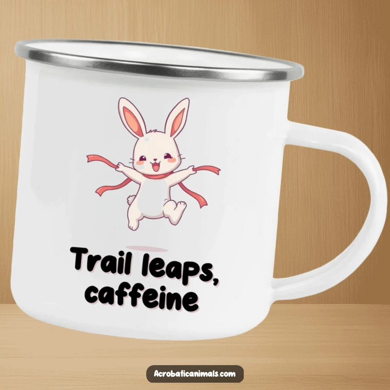 Funny Bunny Camping Mug: A cute bunny character doing a high jump with a ribbon, perfect for outdoor fun.