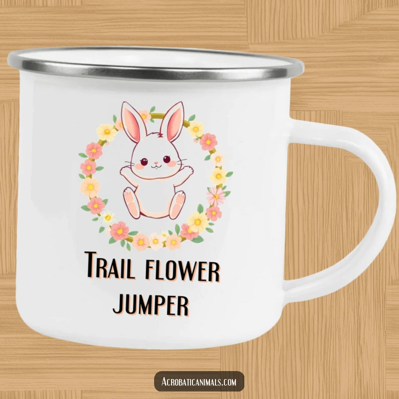 Funny bunny camping mug showing a fluffy rabbit leaping through a flower hoop, perfect for enjoying drinks outdoors.