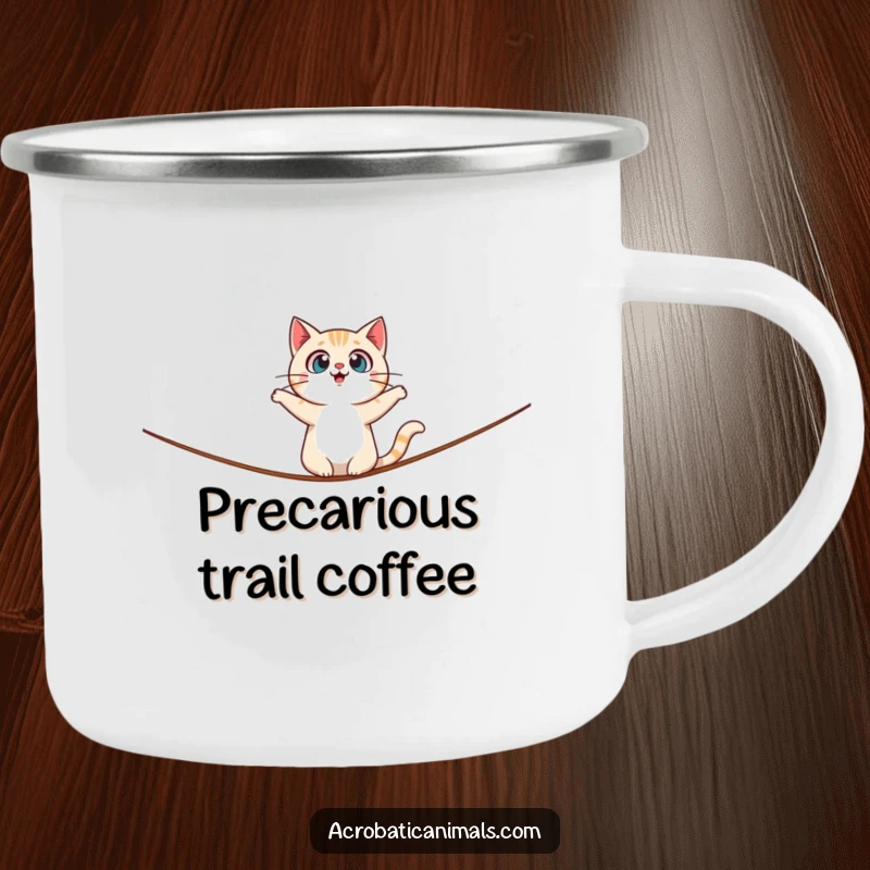Funny camping mug featuring a surprised cat character balancing on a tightrope, ready for outdoor escapades with comical tension.