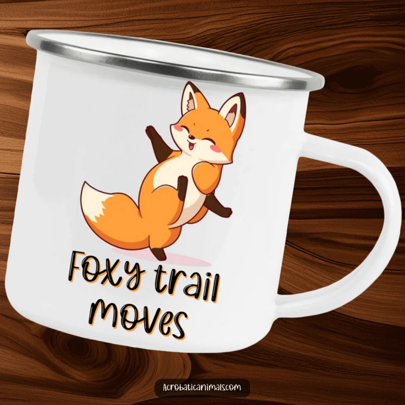Funny Fox Cartwheel Camping Mug: A durable enamel mug with a playful fox doing a cartwheel, ideal for outdoor fun and smiles.