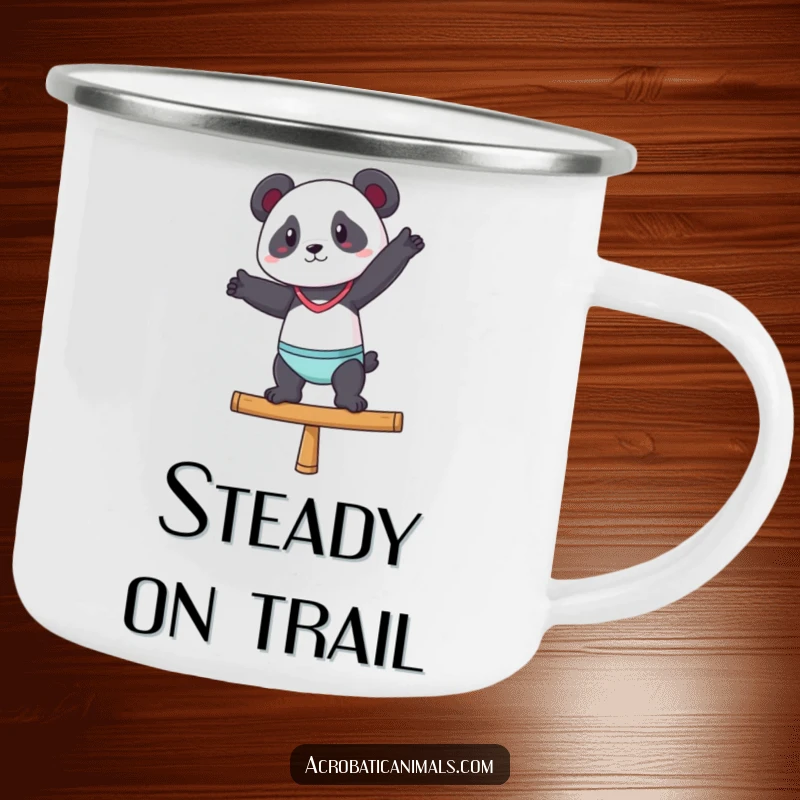 Funny camping mug showing a panda performing a gymnastic pose on a balance beam, ready for outdoor fun.