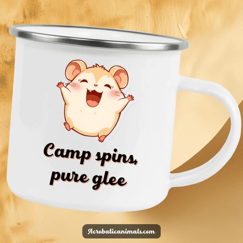 Funny Hamster Camping Mug: A round hamster character somersaults joyfully, perfect for outdoor enjoyment.