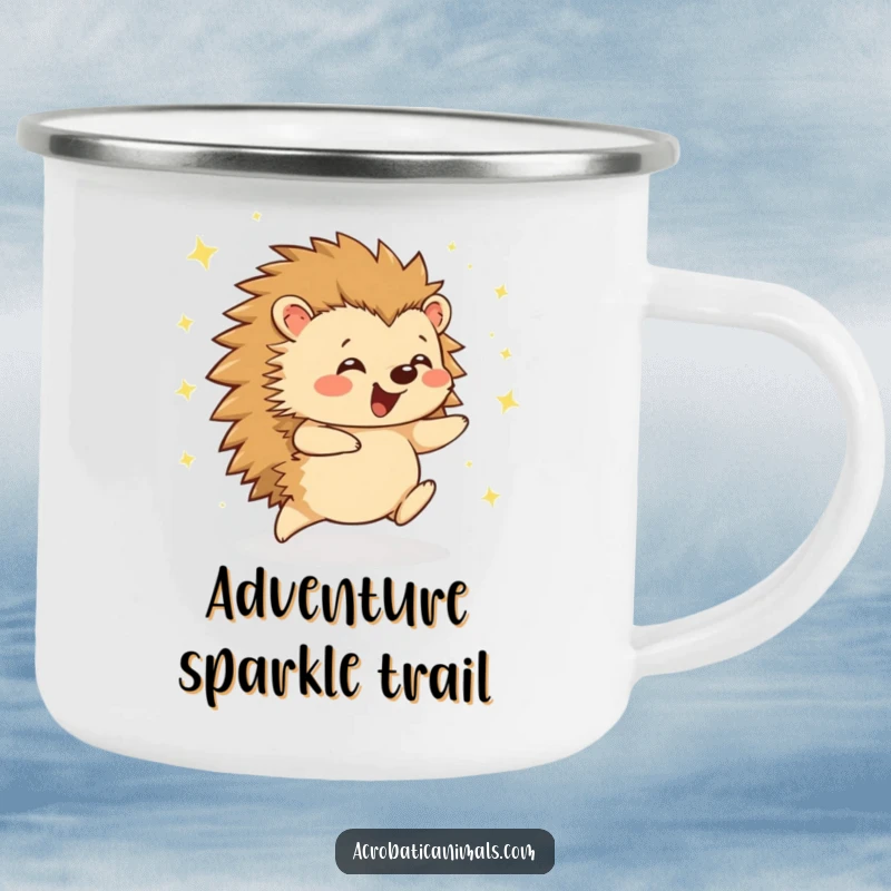 Funny hedgehog cartwheel camping mug with a happy, cartwheeling hedgehog and flying sparkles. Durable and humorous for outdoor use.