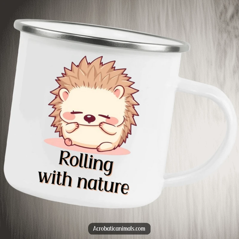 Funny hedgehog camping mug featuring a small, fluffy hedgehog doing a forward roll with eyes closed, perfect for outdoor use.