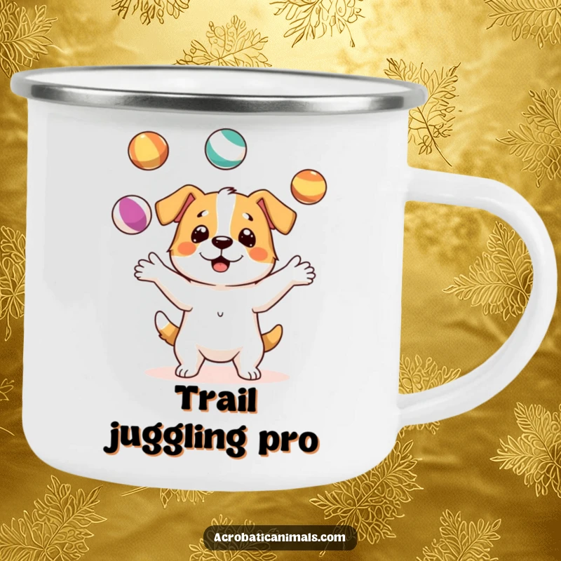 Funny camping mug featuring a dog character expertly juggling three colorful balls during an outdoor adventure, bringing entertainment to camping.