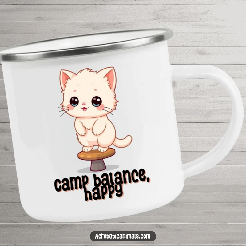 Funny Kitten Camping Mug: A fluffy kitten balances on a spinning beam, perfect for outdoor fun and humor.