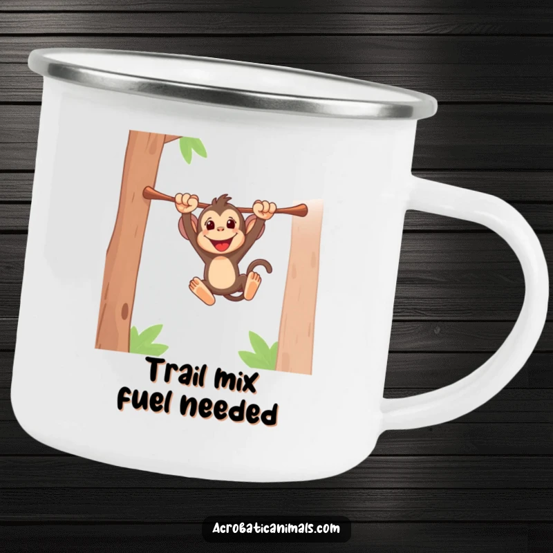Funny camping mug with an energetic monkey swinging from a bar, designed for adventure and a touch of playful humor. Perfect gift.