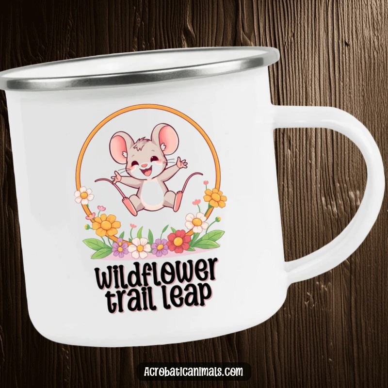 Funny mouse leaping camping mug, showing a brave mouse jumping through a flower hoop. Durable and humorous for outdoor adventurers.