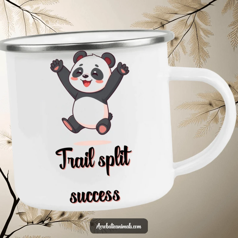 Funny Panda Acrobat Camping Mug: A durable enamel mug with a joyful panda performing a split jump, ideal for outdoor adventures and a good laugh.