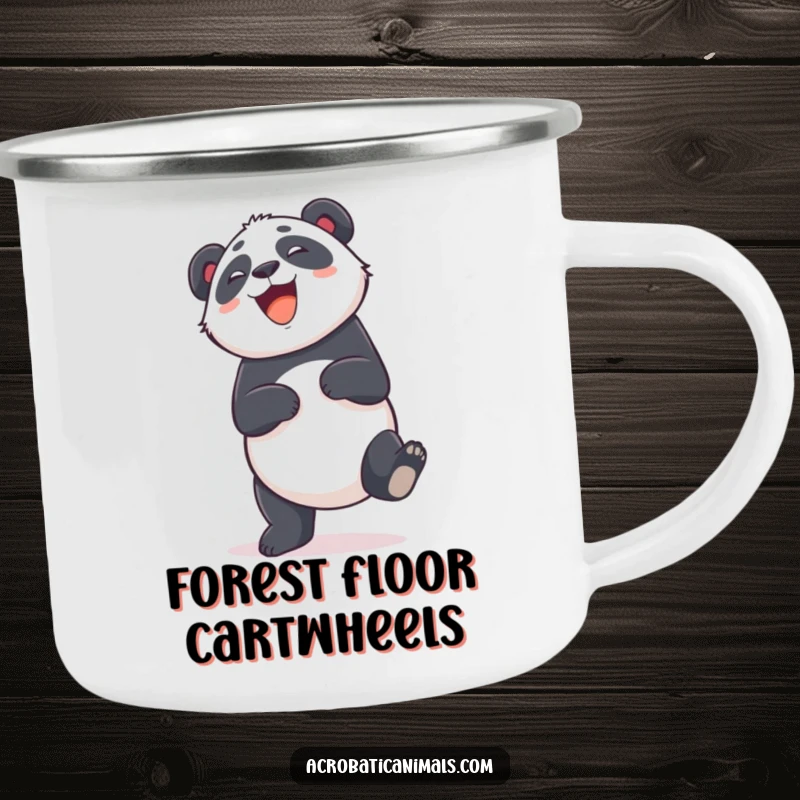 Funny camping mug featuring a giggling panda doing a cartwheel, perfect for outdoor enjoyment with a dose of panda humor. Perfect gift.