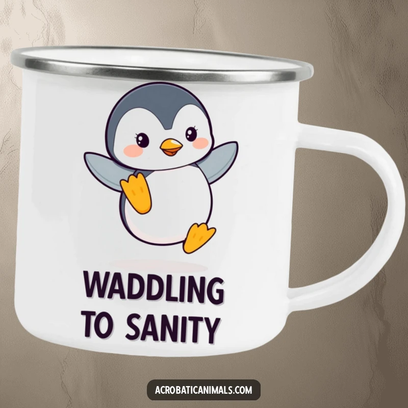 Funny Penguin Flipper Balance Camping Mug: A durable enamel mug with a leaping penguin balancing on one flipper, ideal for outdoor fun.