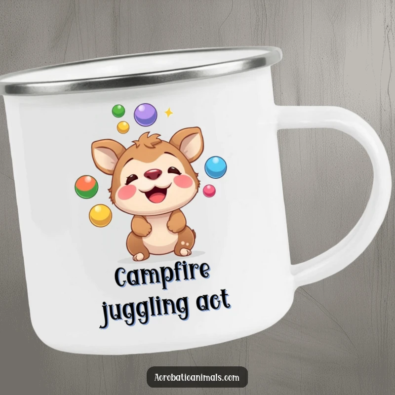 Funny camping mug featuring a focused animal juggling colorful balls on its nose, bringing a sense of fun and skillful entertainment to your trip.