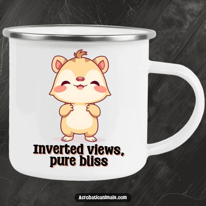 Funny Camping Mug: A tiny creature proudly doing a handstand, perfect for outdoor adventures and a good laugh.