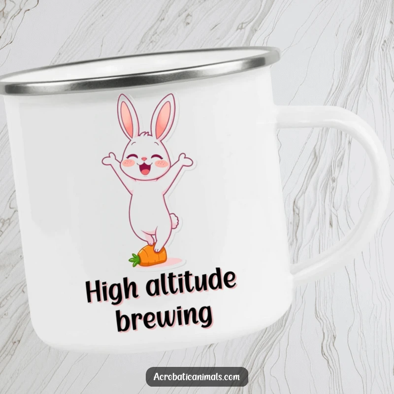 Funny camping mug featuring a delighted rabbit character in a handstand on a tiny carrot, ready for outdoor adventures.