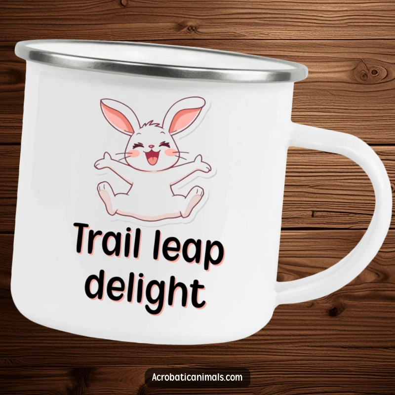 Funny rabbit camping mug showing a joyous bunny doing a split jump, ears flopping, for rugged, humorous outdoor enjoyment.