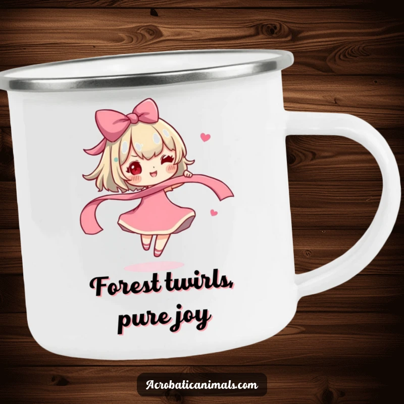 Funny Camping Mug: A cute character spinning a ribbon with carefree delight, perfect for cheerful outdoor adventures.