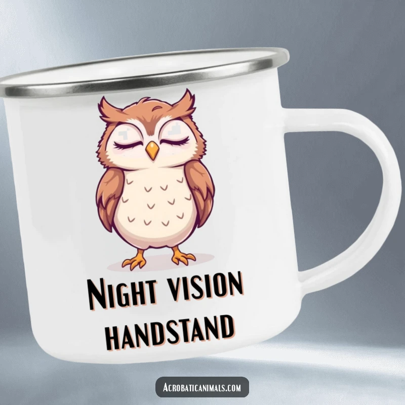 Durable funny camping mug with a sleepy owl attempting a handstand with a smile, designed for adventurers who value quiet effort.