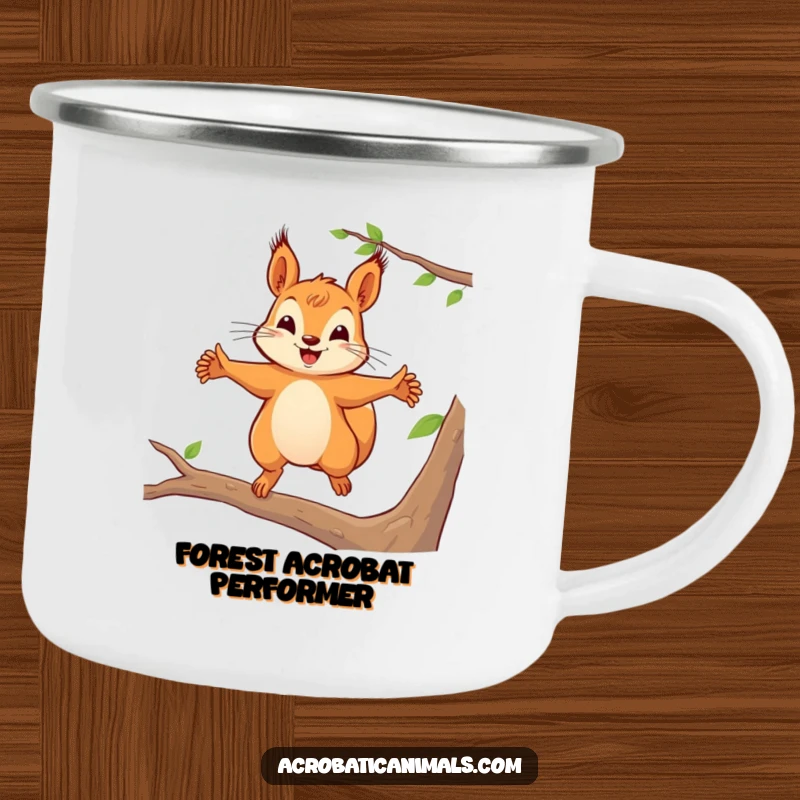 Funny squirrel camping mug with a playful leap design, perfect for outdoor enthusiasts and a humorous funny gift.