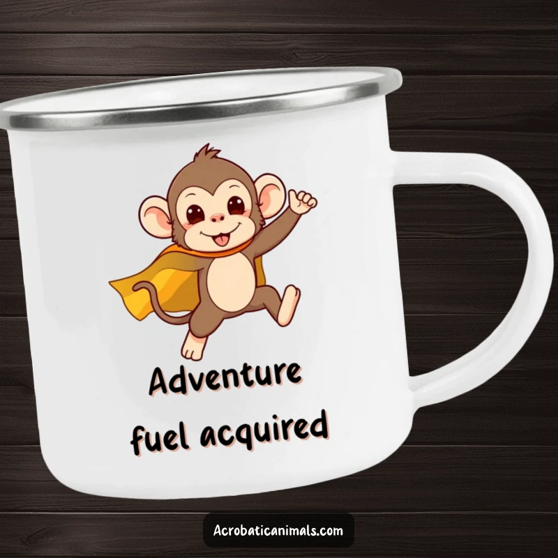 Funny camping mug with a silly monkey superhero in a cape, captured mid-leap, ready for campfire stories and epic journeys.
