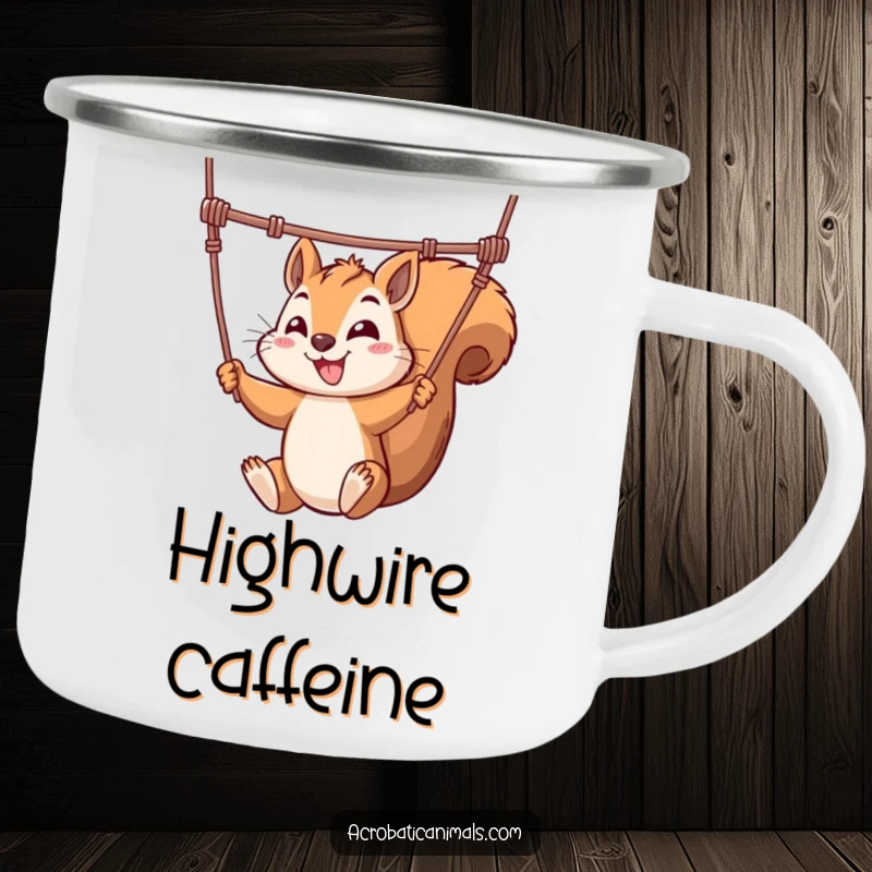 Funny camping mug with a mischievous squirrel swinging from a trapeze, ideal for outdoor adventures and morning brews.