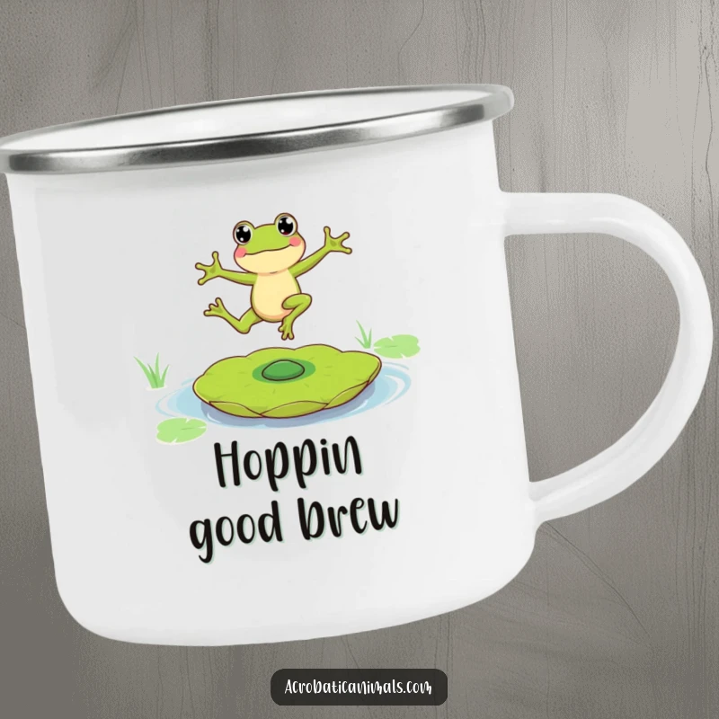 Funny camping mug showing a leaping frog character balancing skillfully on a dramatically spinning lily pad during an outdoor adventure.