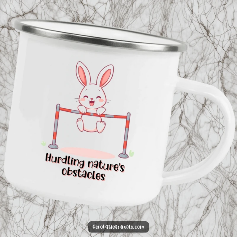 Funny rabbit camping mug depicting a high jump, sturdy and humorous, an ideal funny gift for outdoor enthusiasts.