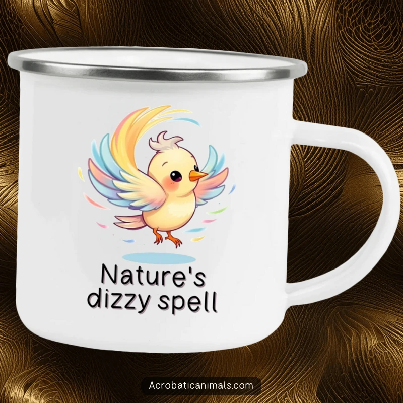 Funny camping mug showing a bird creating a colorful whirlwind, perfect for enjoying drinks during outdoor activities.