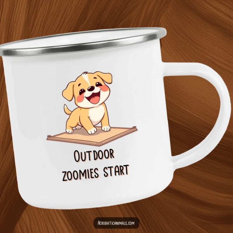 Funny Puppy Exercise Camping Mug showing a happy puppy tumbling, perfect for outdoor drinks and a hearty laugh.