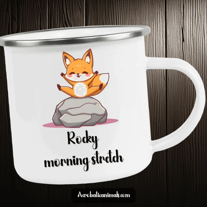 Funny camping mug featuring a cheerful fox character in a split on a rock, ready for outdoor escapades with playful agility.