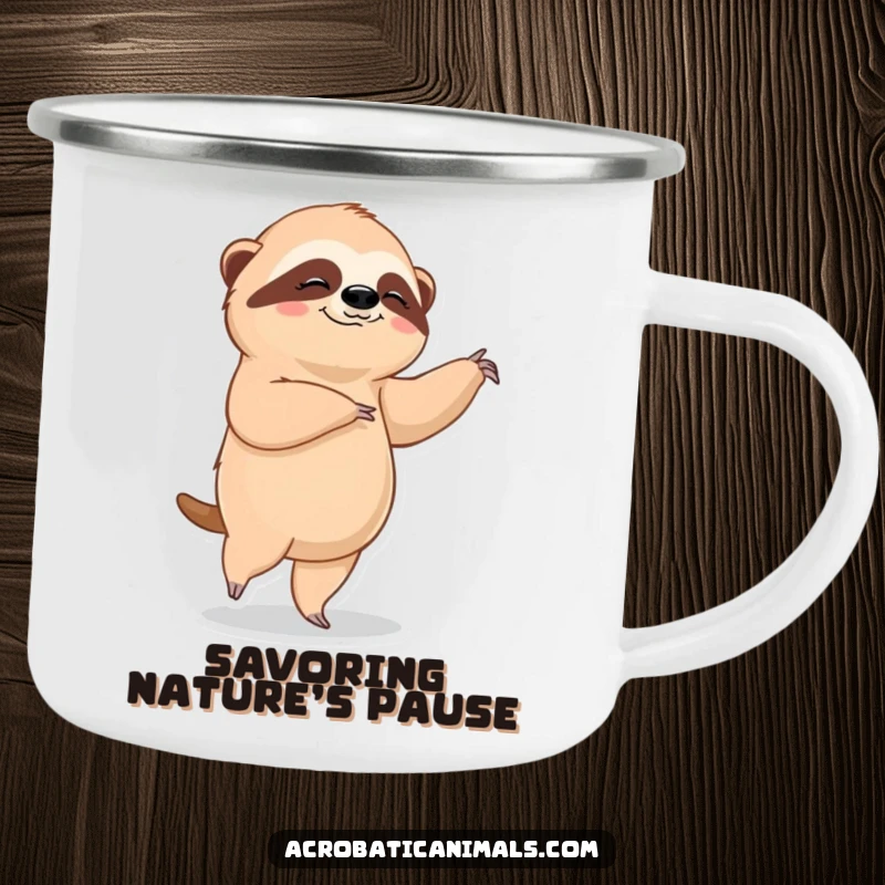 Funny sloth ballet camping mug, showing a contented sloth in a graceful ballet pose. Durable and humorous for nature lovers.