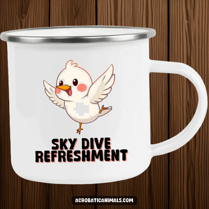 Funny camping mug with a happy bird performing a graceful dive, ideal for enjoying beverages in nature.