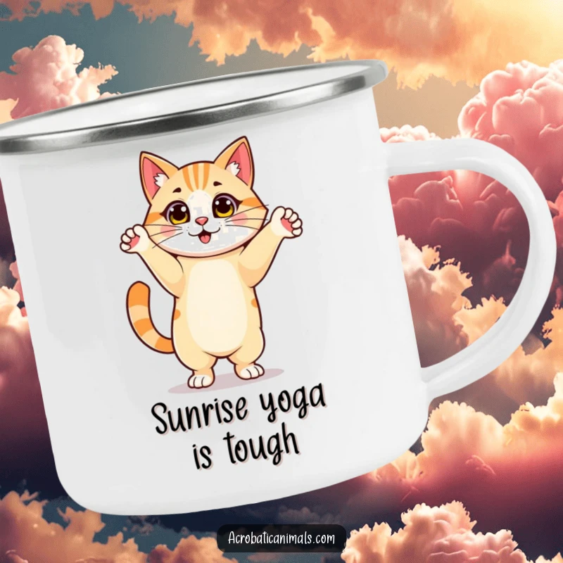 Funny camping mug with a proud cat performing a handstand, ideal for outdoor enthusiasts with a sense of humor. Perfect gift.